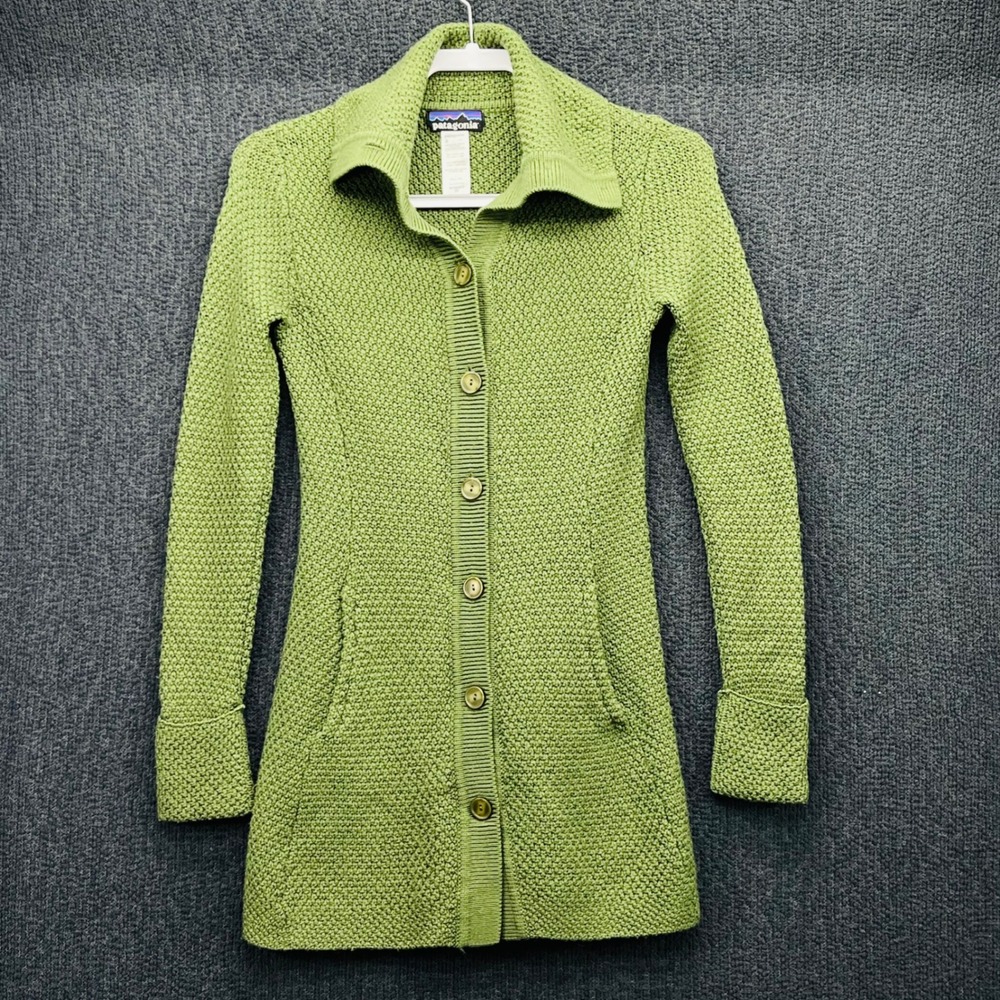 Patagonia Womens XS Green 100% Merino Wool Button Front Long Cardigan Sweater